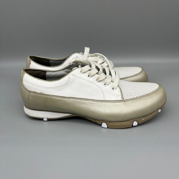 Golfstream Golf Shoes Womens 6.5‎ Leather White Gold Plastic Spikes Golfing - Picture 1 of 8